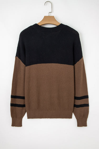 Parchment Color Block Knit Striped Sleeve Detail Casual Sweater