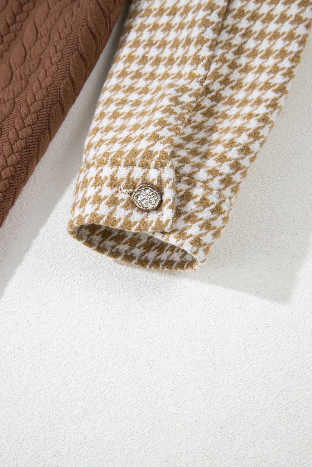 Khaki Houndstooth Color Contrast Textured Patchwork Shacket