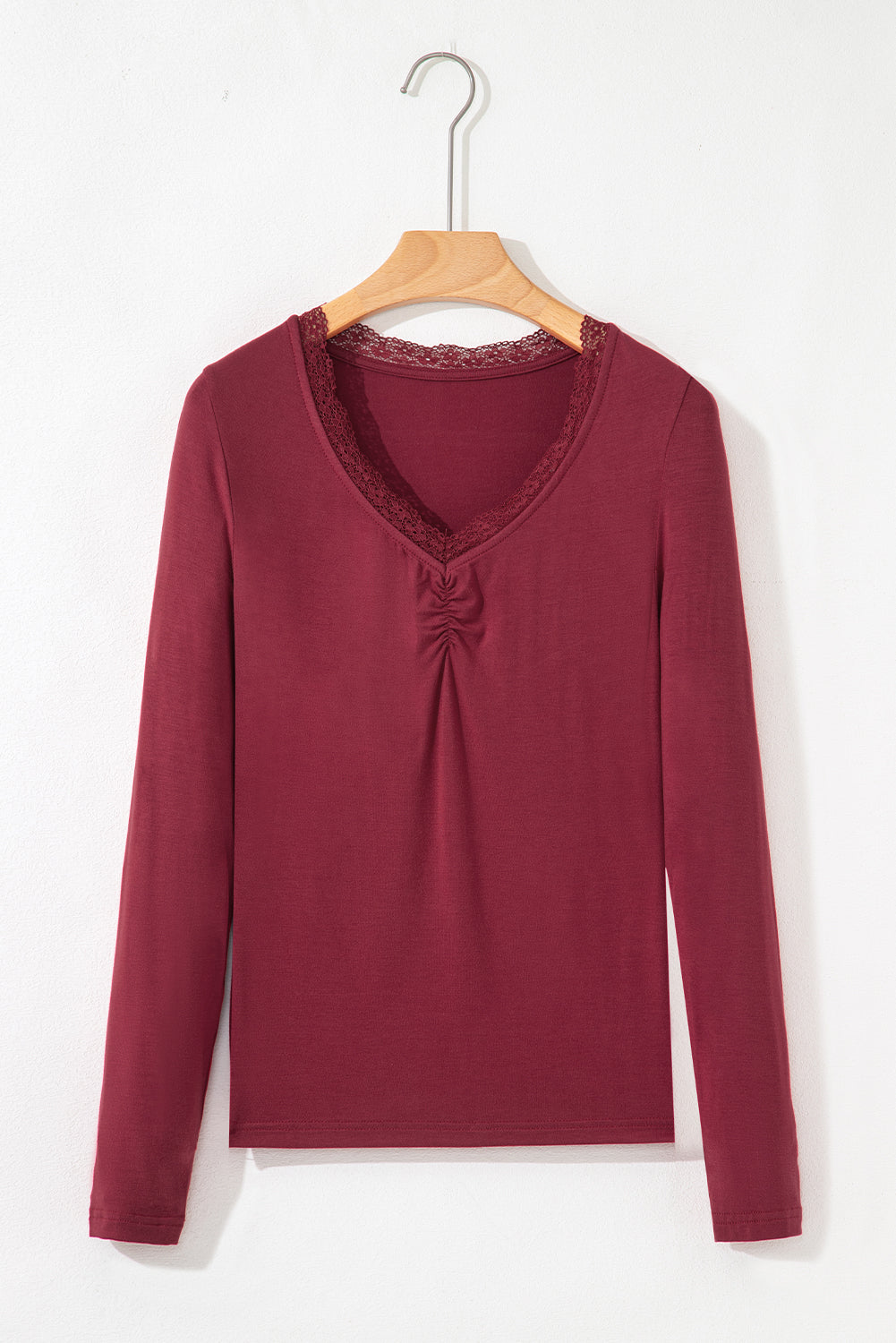 Smoke Gray Lace Trim Ruched V Neck Long Sleeve Women’s Top