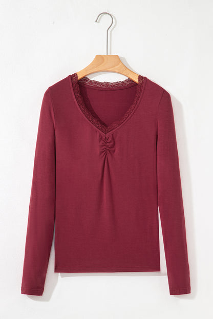 Smoke Gray Lace Trim Ruched V Neck Long Sleeve Women’s Top