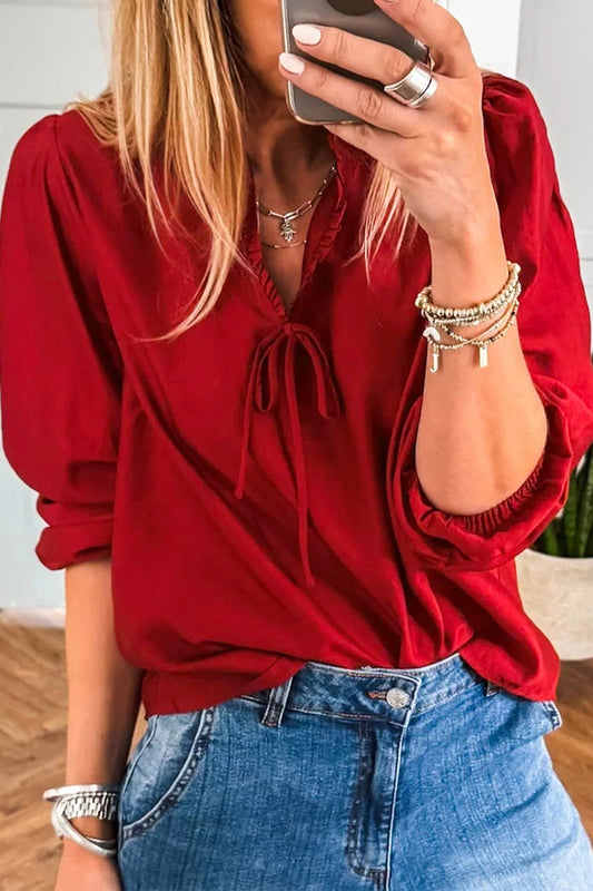 Dark Green Ruffle V Neck Bow Tie 3/4 Sleeve Blouse