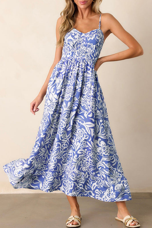Blue Floral Print Spaghetti Strap Maxi Dress Women