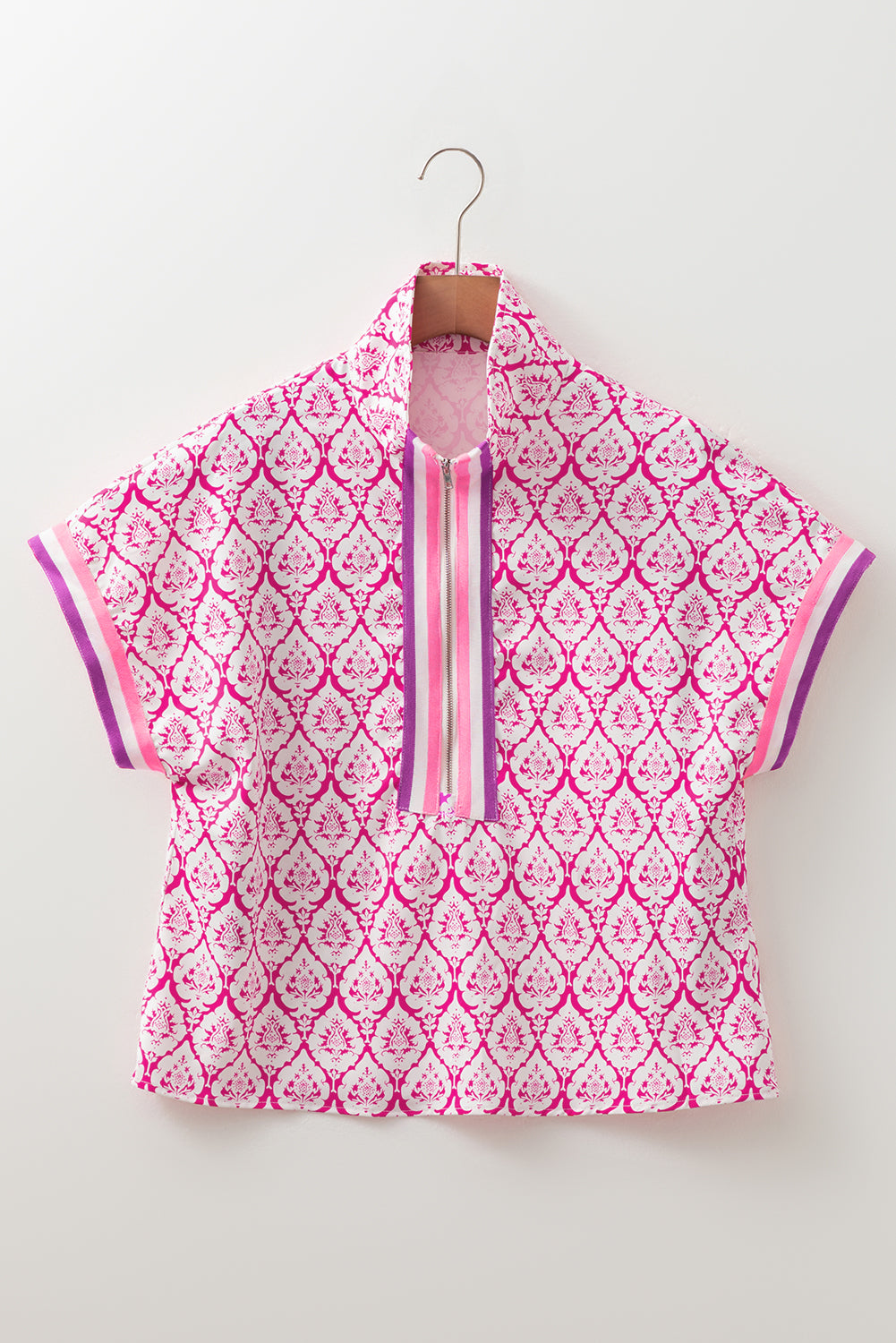 Boho Print Blouse Women Zip Neck Short Sleeve Top