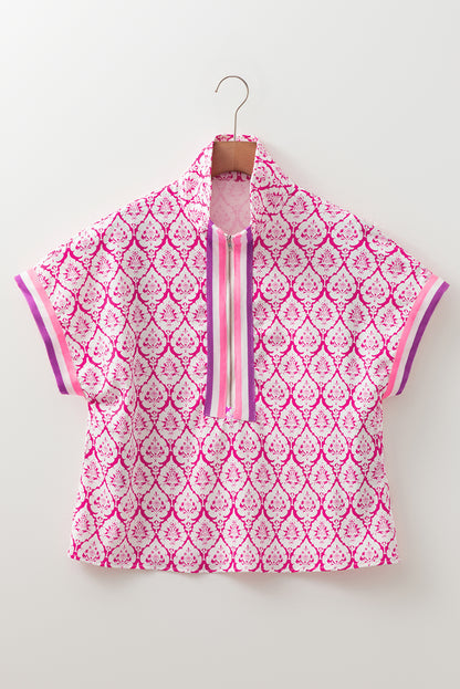 Boho Print Blouse Women Zip Neck Short Sleeve Top