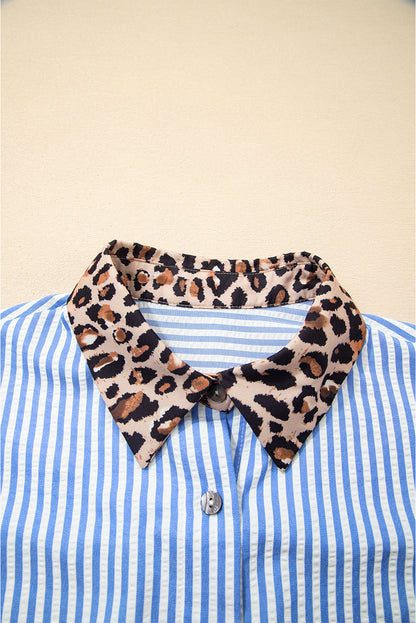 Black Striped Leopard Print Patchwork Button Up Womens Shirt