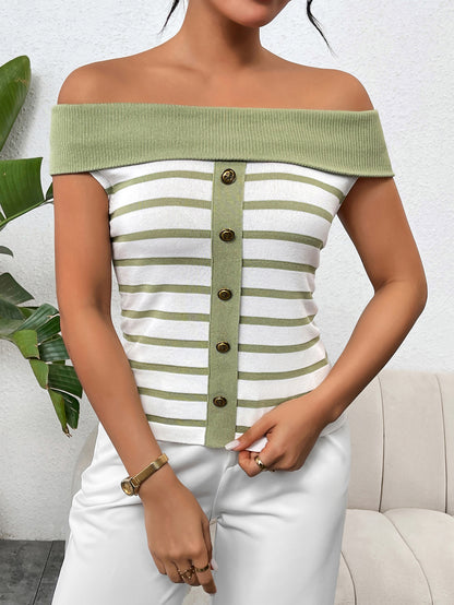 Off Shoulder Striped Knit Top Button Front Sweater Women