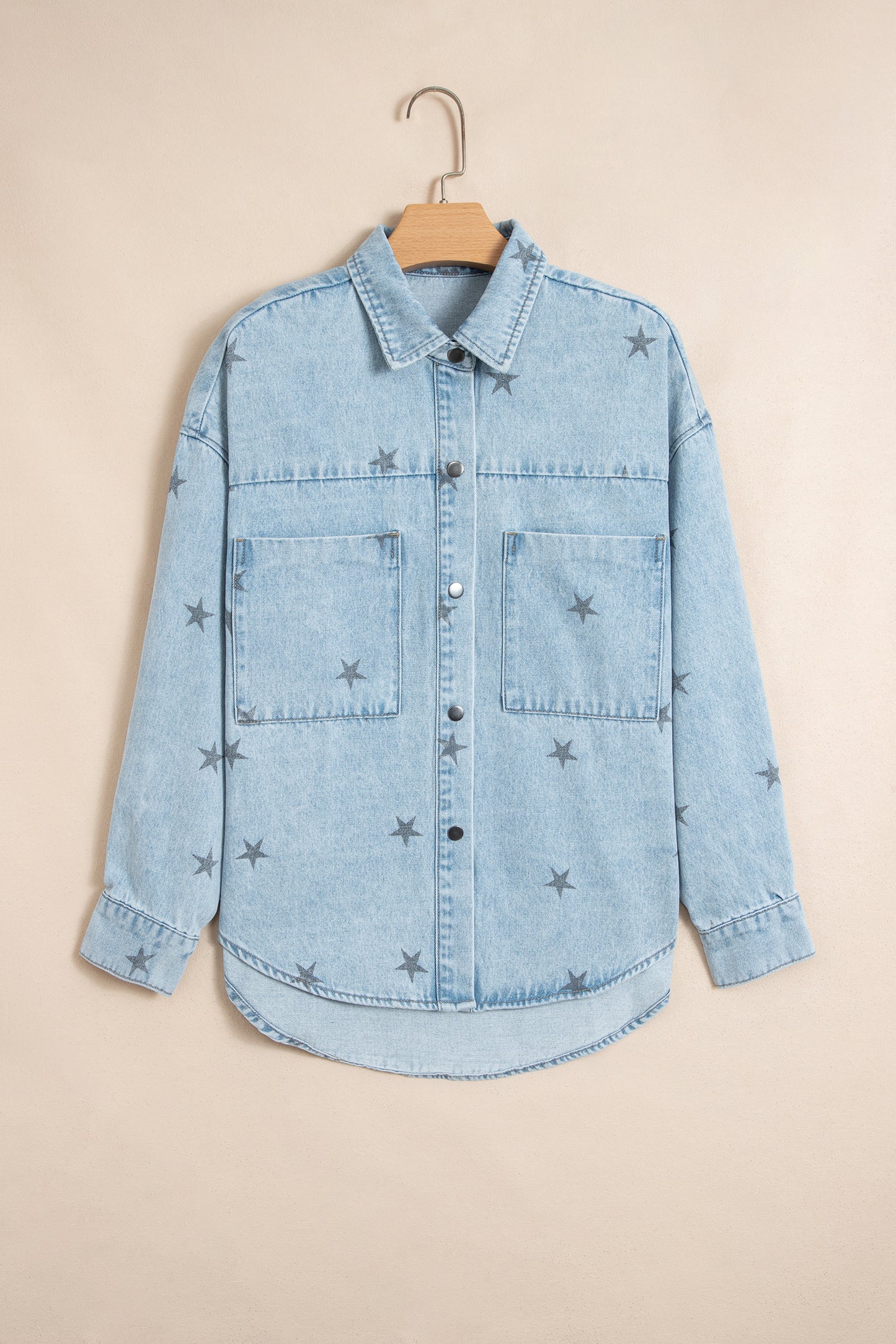 Sky Blue Stars Pattern Long Sleeve Shirt Collar Denim Jacket
