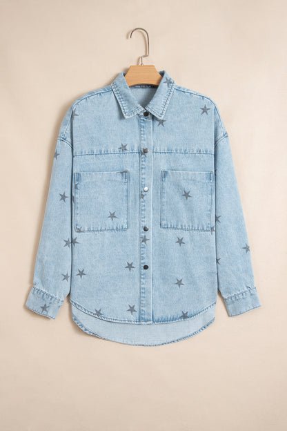 Sky Blue Stars Pattern Long Sleeve Shirt Collar Denim Jacket