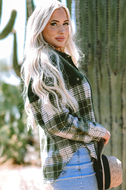 Blackish Green Snap Button Plaid Shacket with Corduroy Patchwork