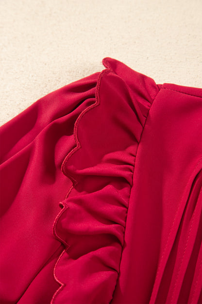 Red Ruffle V-Neck Long Sleeve Tiered Midi Dress