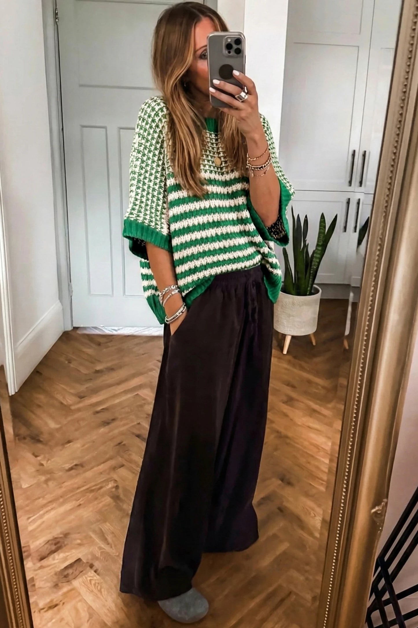 Women’s Striped Slouchy Knit Batwing Sleeve Sweater Top