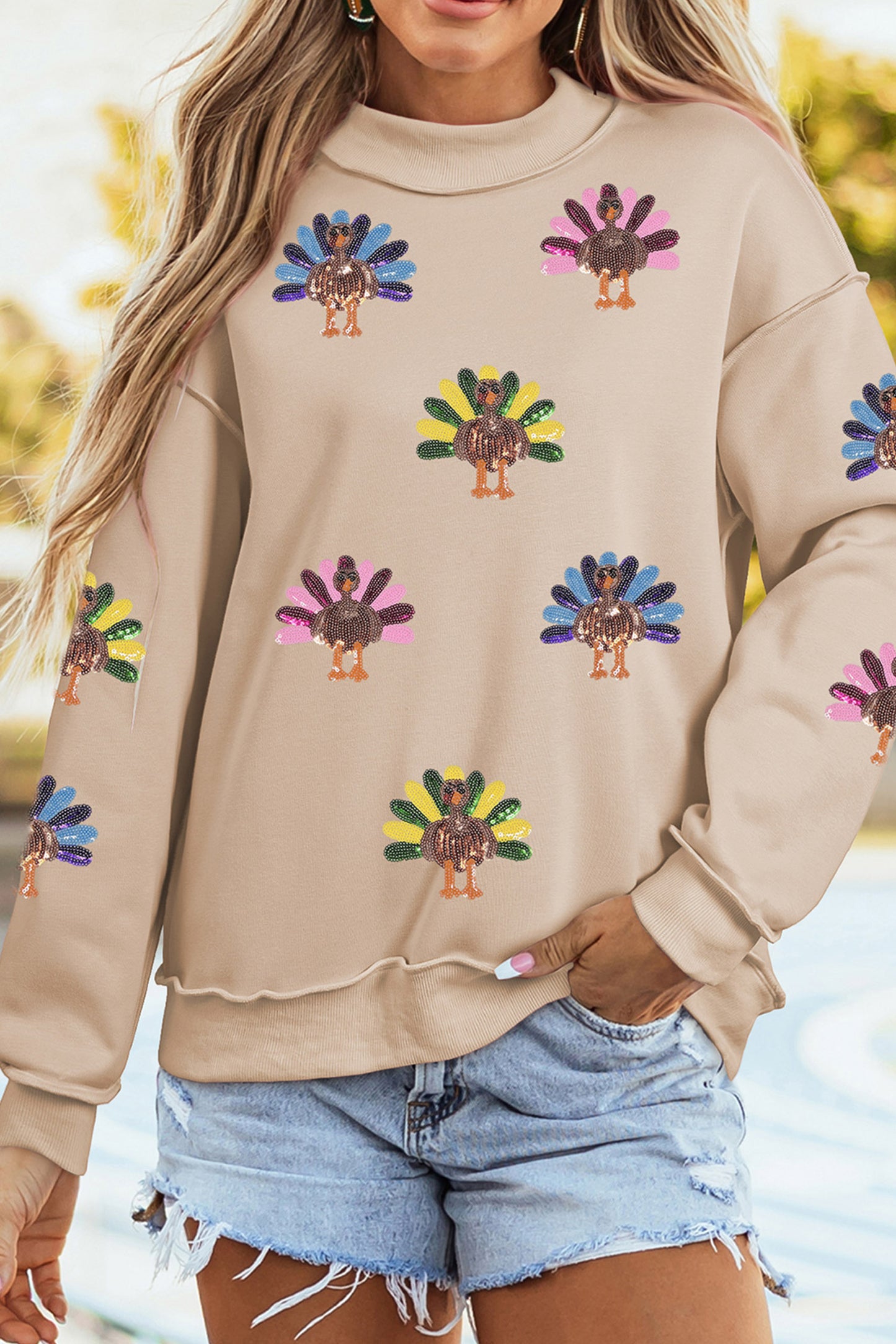 Apricot Sequin Turkey Thanksgiving Graphic Sweatshirt
