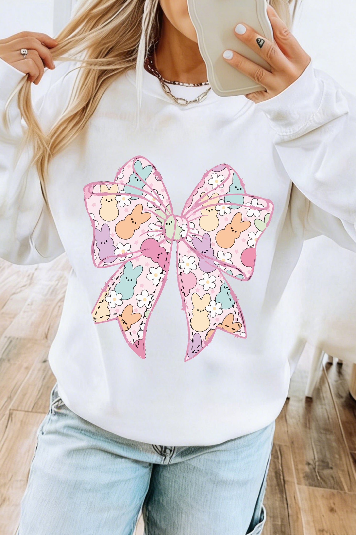 Easter Bunny Bow Graphic White Casual Sweatshirt
