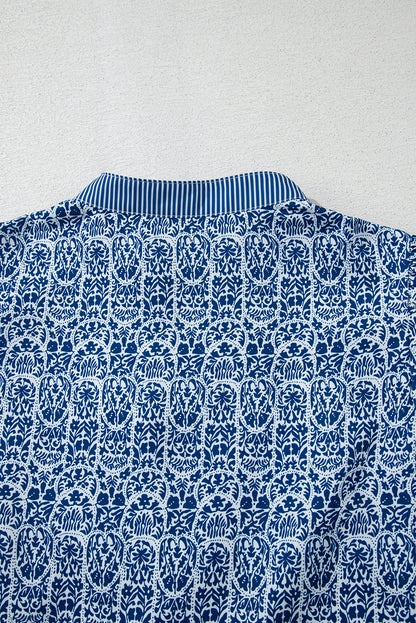 Blue Floral Contrast Puff Sleeve Notch Neck Top