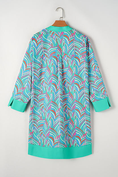 Green Plus Size Palm Pattern Long Sleeve Shift Dress