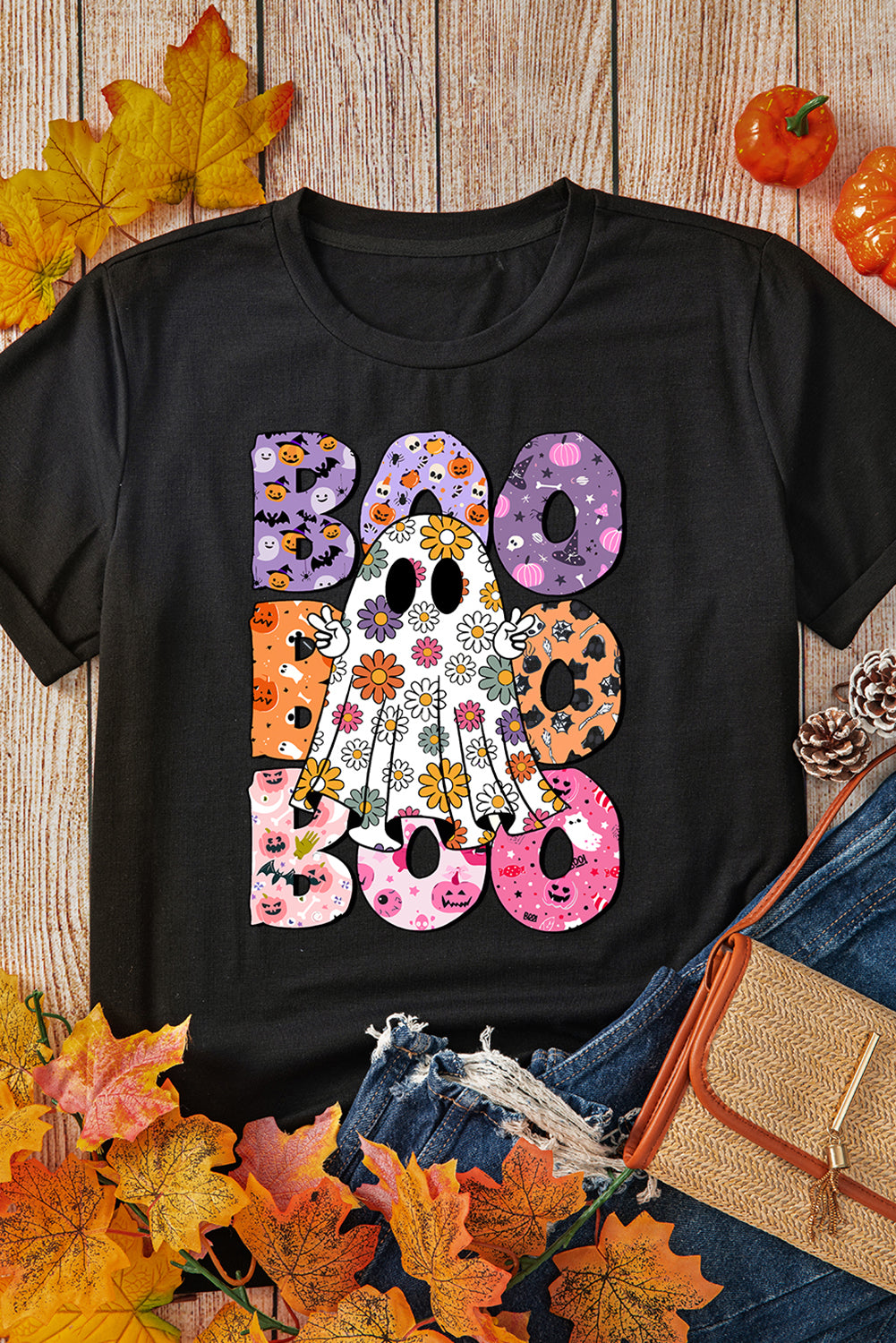 Black BOO Ghost Halloween Floral Graphic T Shirt
