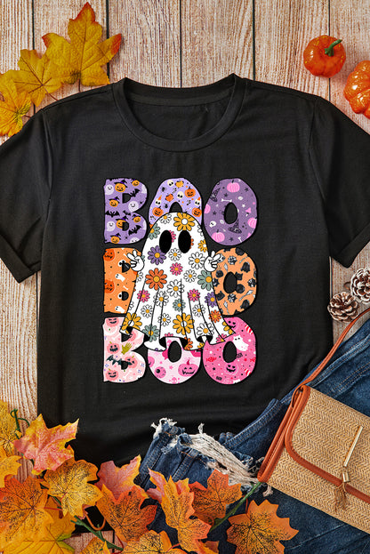 Black BOO Ghost Halloween Floral Graphic T Shirt