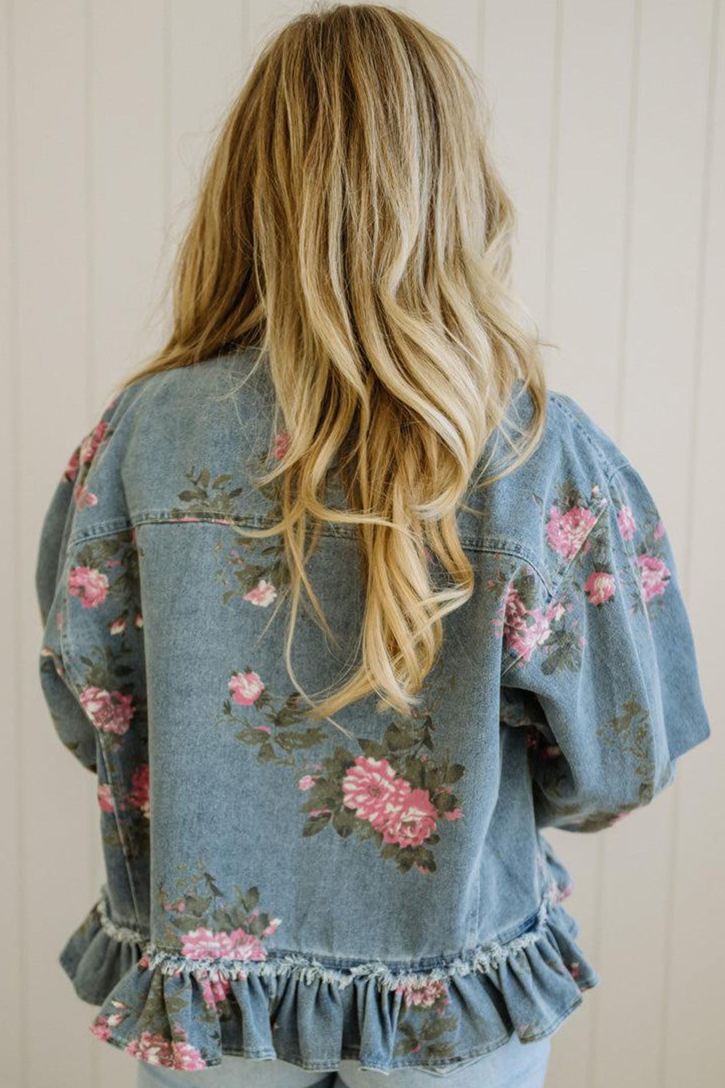 Floral Denim Jacket Ruffle Hem Puff Sleeve Cropped