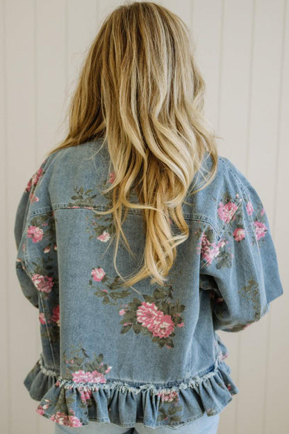 Floral Denim Jacket Ruffle Hem Puff Sleeve Cropped