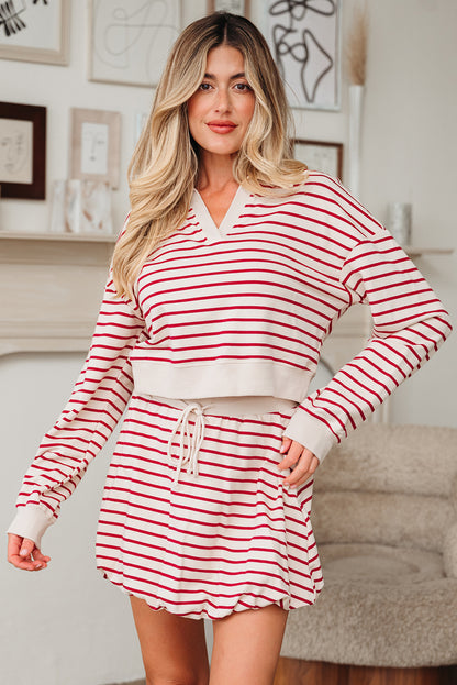 Red Stripe Collared Cropped Top & Bubble Skirt Set