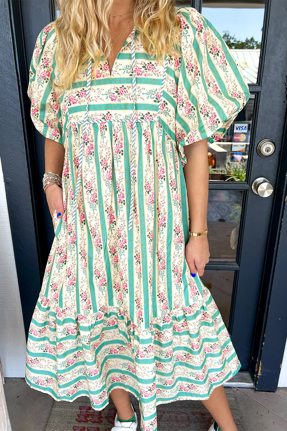 Women Striped Floral Print Puff Sleeve Midi Dress