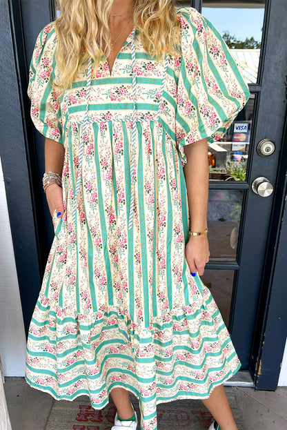 Women Striped Floral Print Puff Sleeve Midi Dress