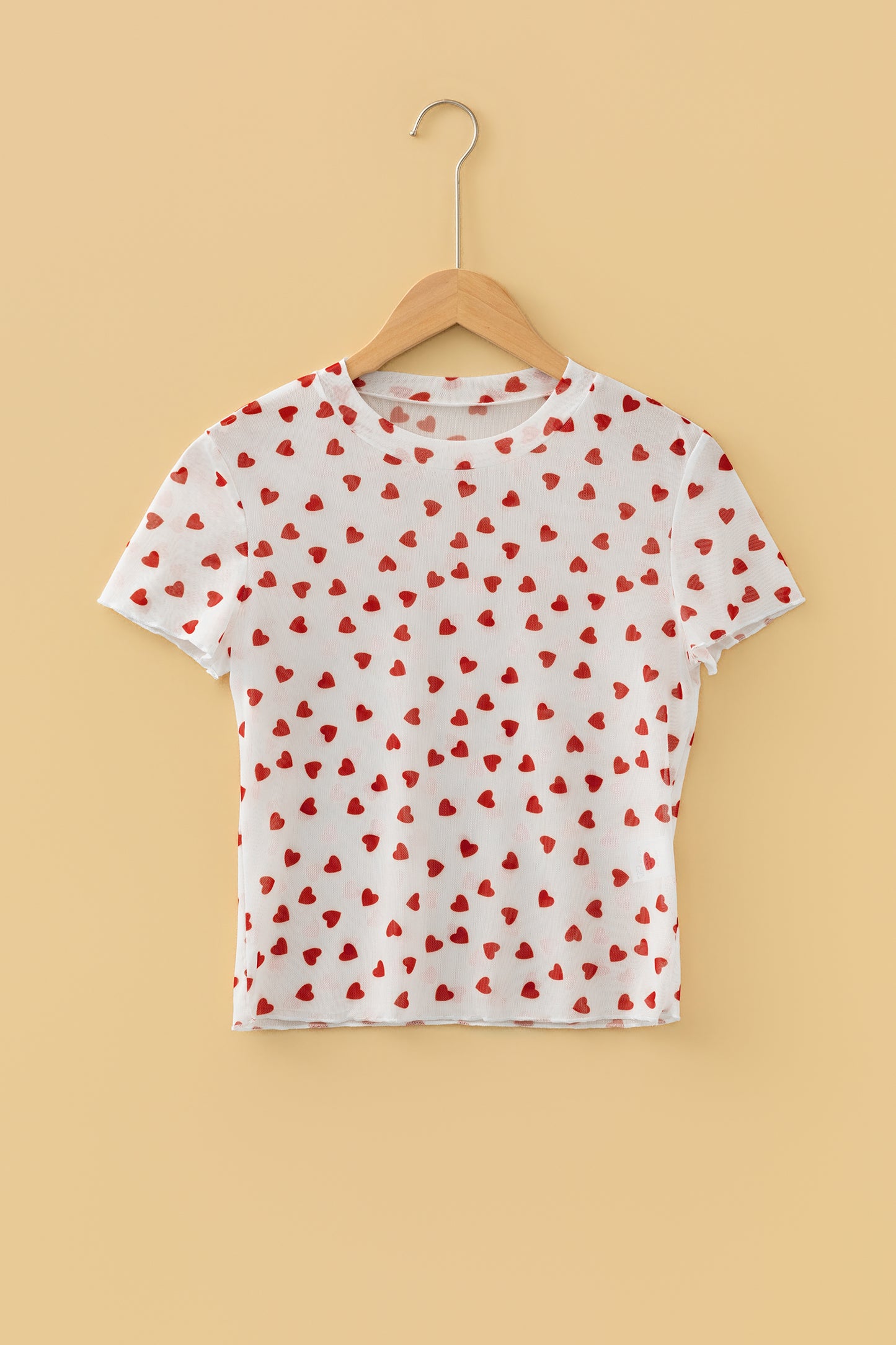 Racing Red Allover Heart Print Mesh Short Sleeve Top