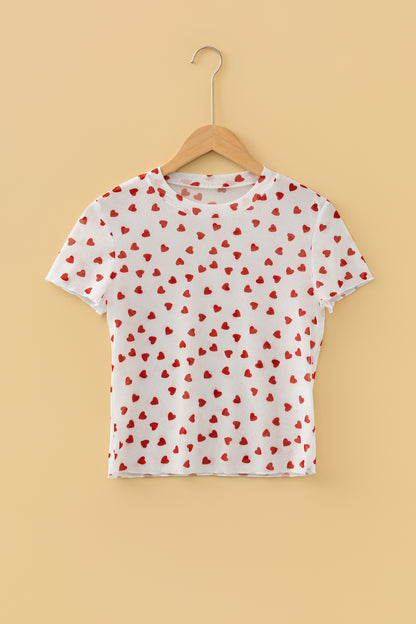 Racing Red Allover Heart Print Mesh Short Sleeve Top