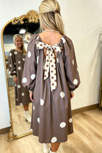 Polka Dot Bow Back Long Sleeve Midi Dress