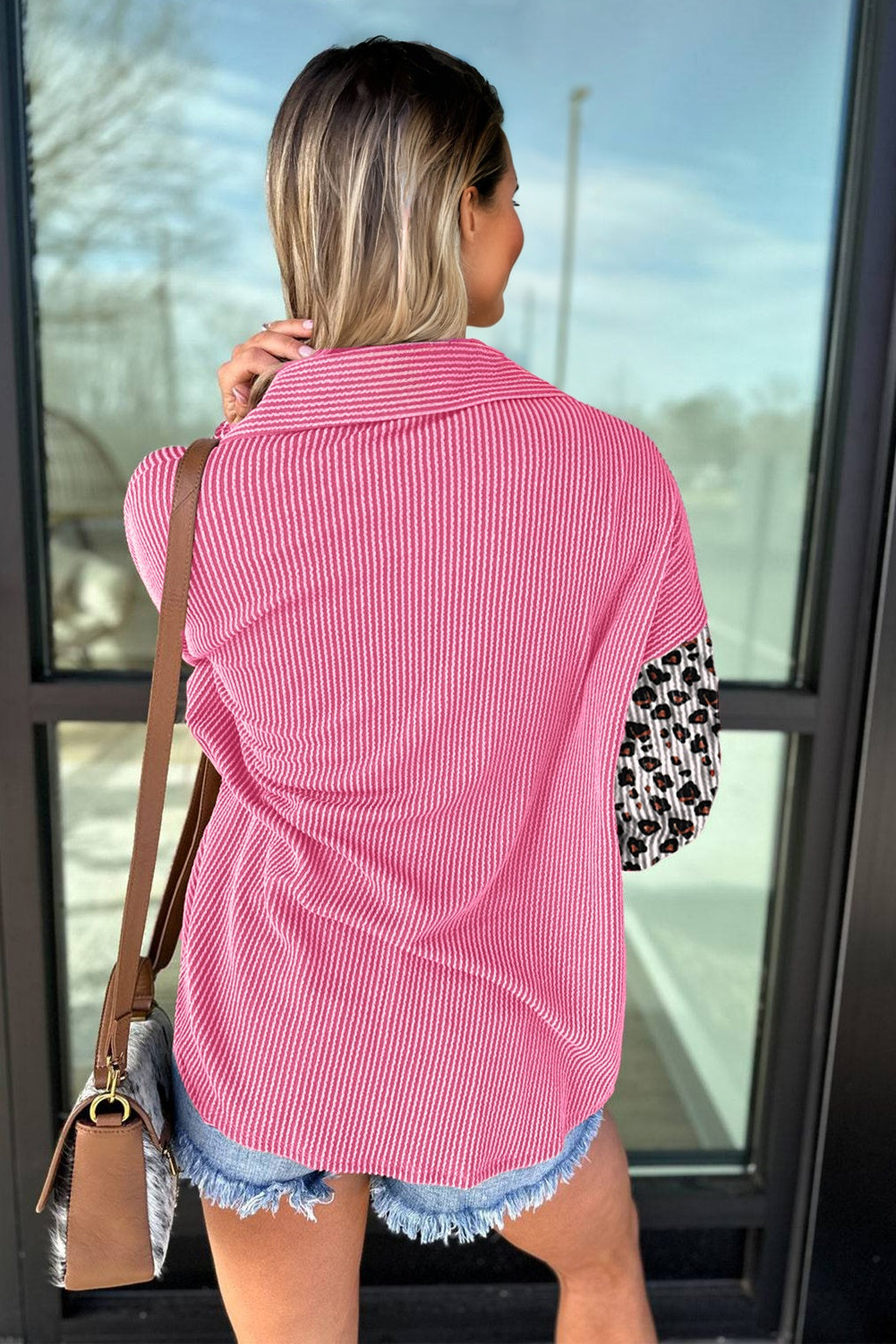 Rose Red Leopard Patched Twisted Ribbed Western Casual Shacket