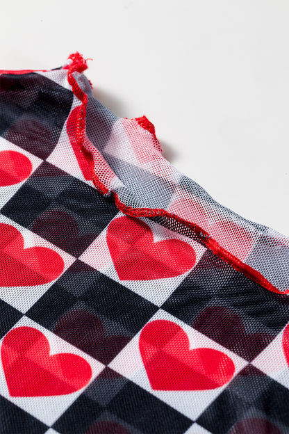 Rose Checkerboard Mesh Long Sleeve Fitted Top