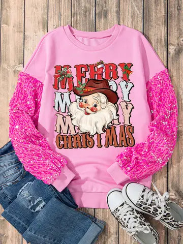 Christmas Pink Sequin Sleeve Santa Graphic Pullover
