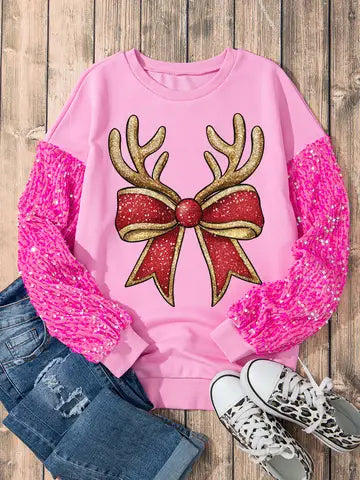 Christmas Pink Sequin Sleeve Reindeer Bow Pullover