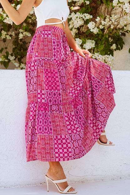Paisley Print Tiered Maxi Skirt with Pockets
