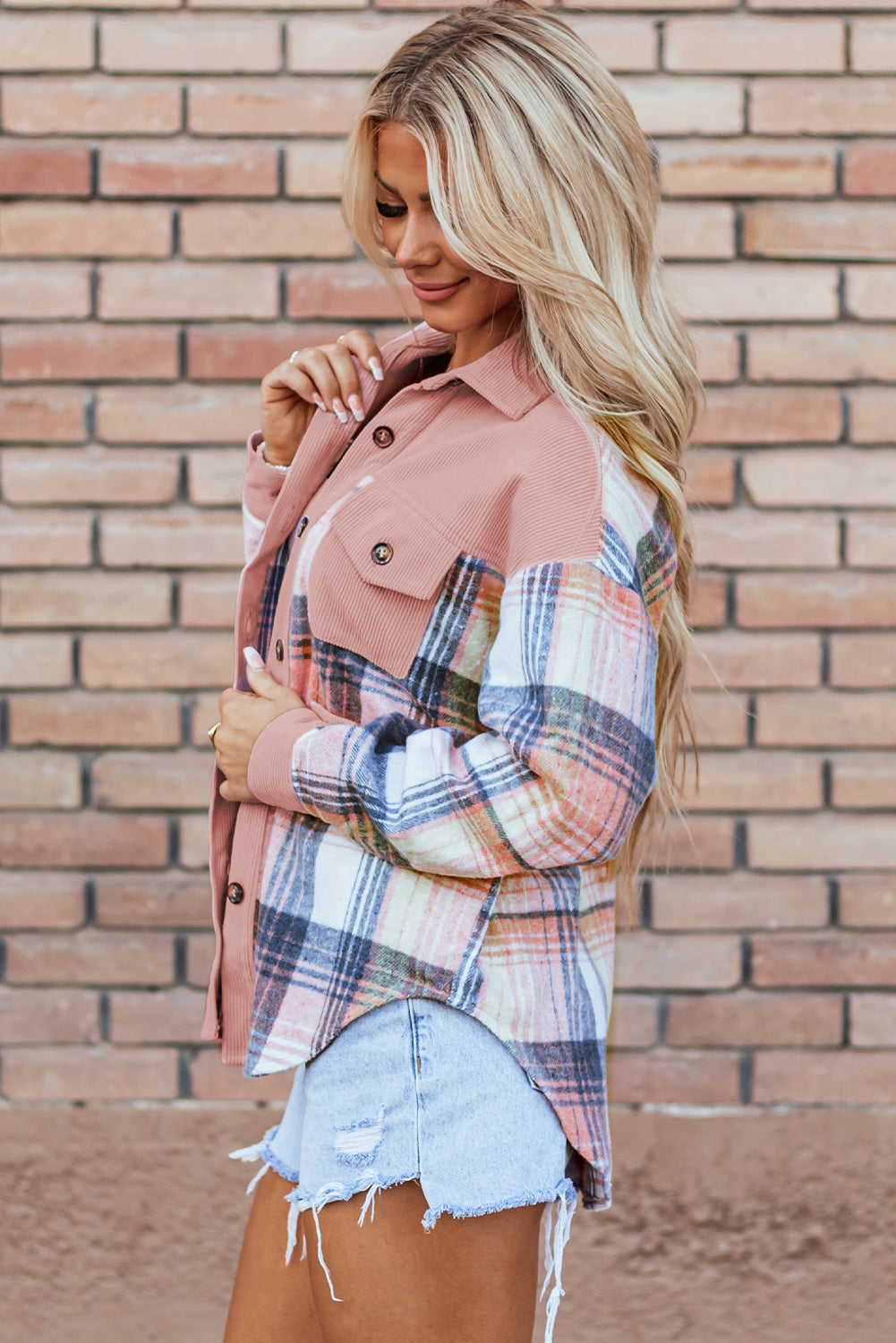 Light Pink Plaid Corduroy Patchwork Pocket Shacket