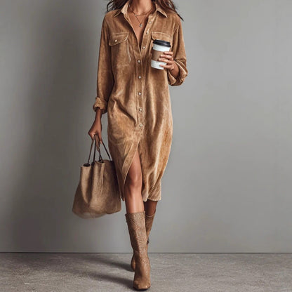 Corduroy Shirt Dress Long Sleeve Collared Midi Pockets