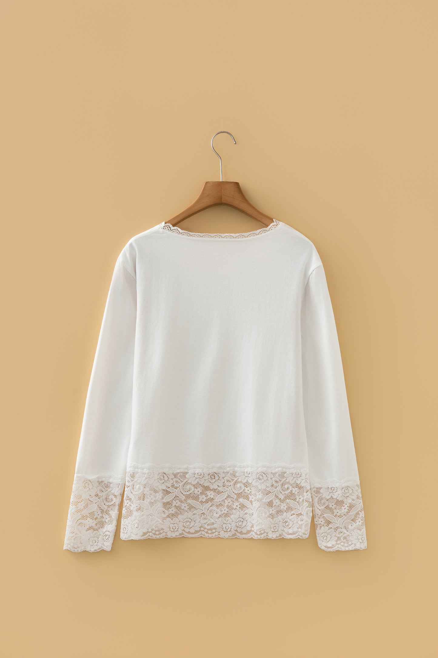White V Neck Lace Trim Long Sleeve Soft Casual Top