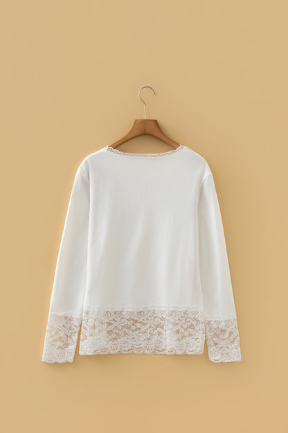 White V Neck Lace Trim Long Sleeve Soft Casual Top