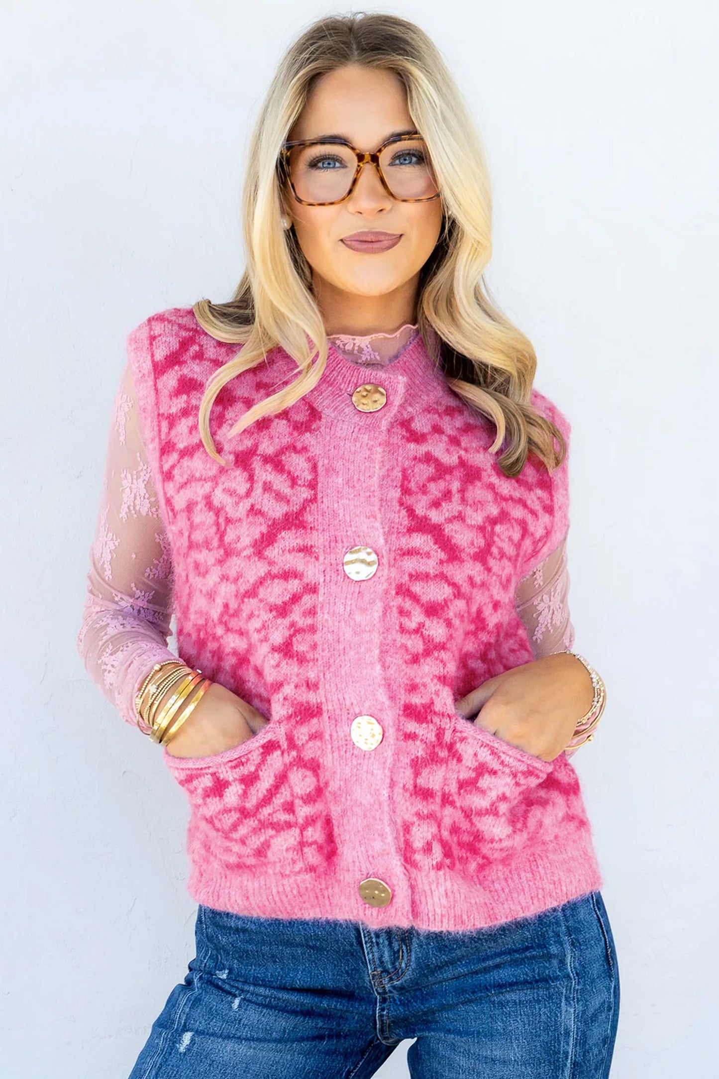 Western Leopard Print Knit Sweater Vest Button Cardigan