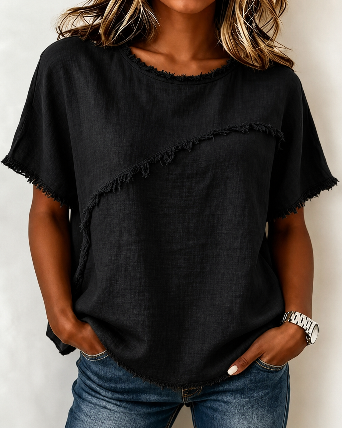 Frayed Trim Linen Blend Short Sleeve Relaxed Top