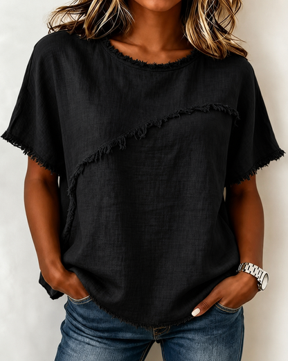 Frayed Trim Linen Blend Short Sleeve Relaxed Top