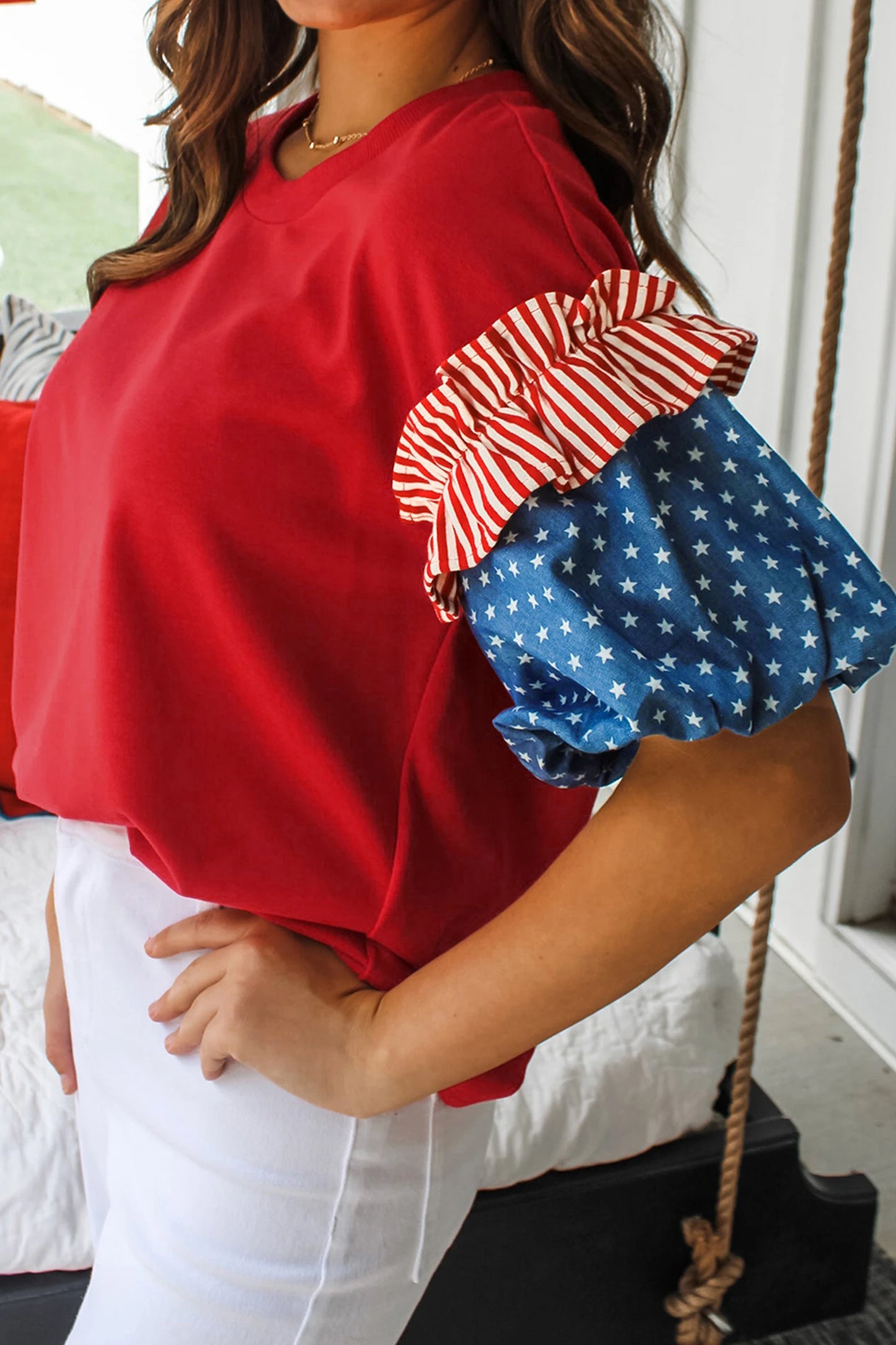 Plus Size Flag Day Patriotic Star Stripe Ruffle Top