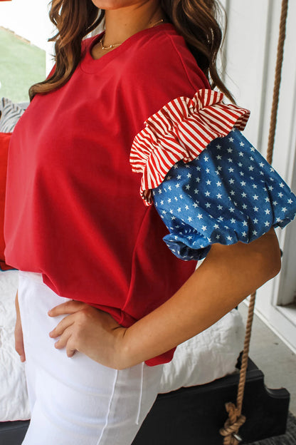 Plus Size Flag Day Patriotic Star Stripe Ruffle Top