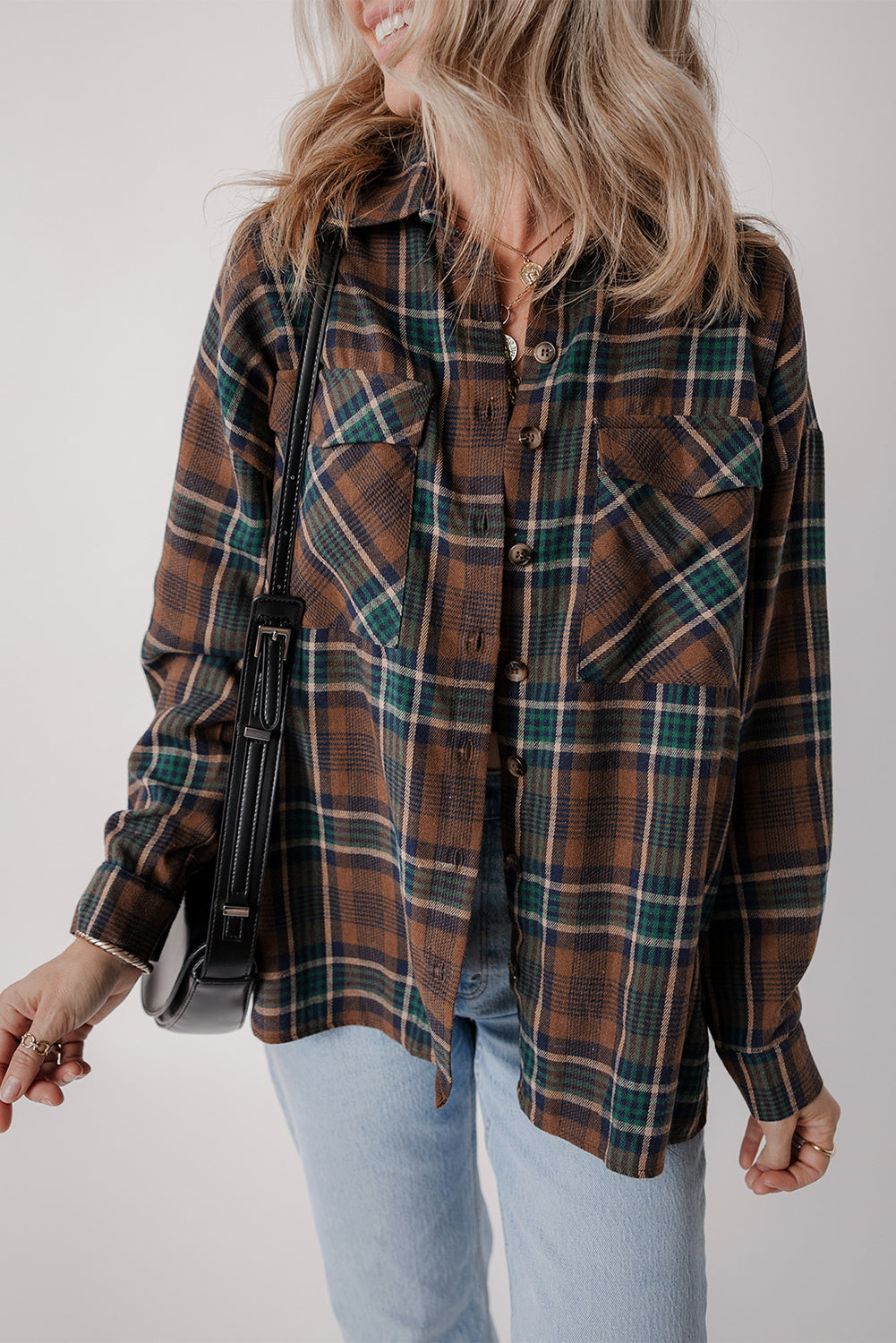Brown Plaid Button-Down Shacket with Chest Pockets