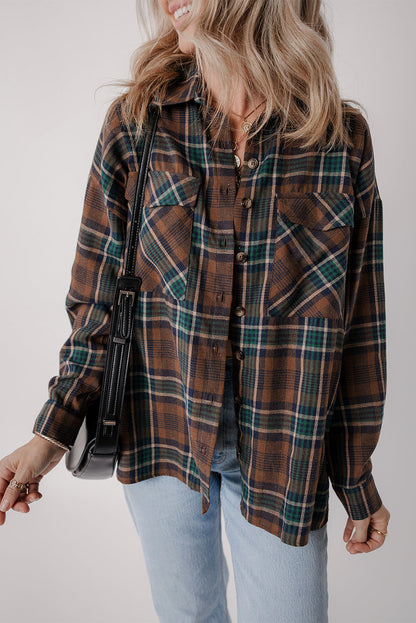 Brown Plaid Button-Down Shacket with Chest Pockets