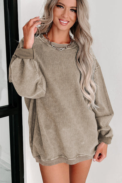 Ribbed Knit Pullover Sweatshirt Oversized Crew Neck