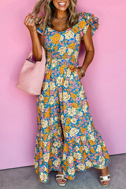 Floral Wide Leg Jumpsuit Cutout High Waist Boho Style