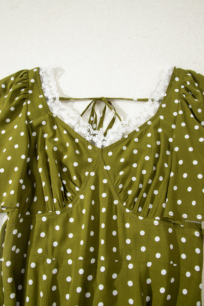 Green Polka Dot Lace Trim Smocked Maxi Dress