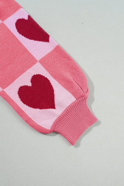 Pink Heart Checker Valentine Mock Neck Lantern Sleeve Sweater