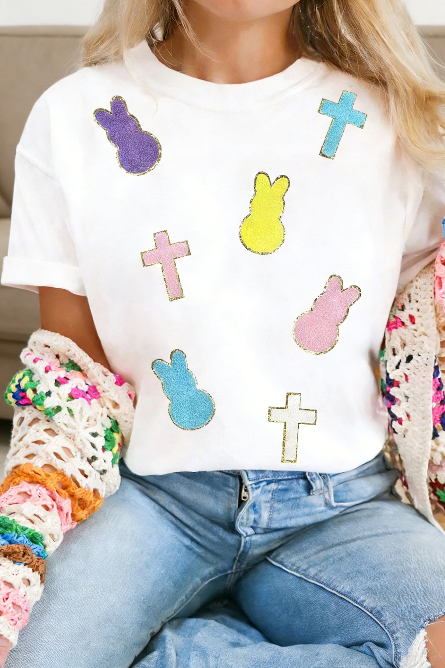 Easter Chenille Bunny Cross Patch White Casual Tee